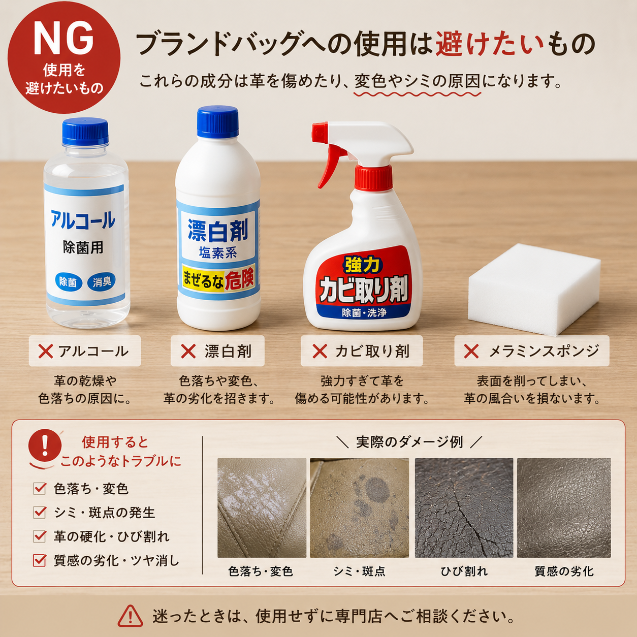 ブランドバッグへの使用を避けたいアルコールやカビ取り剤