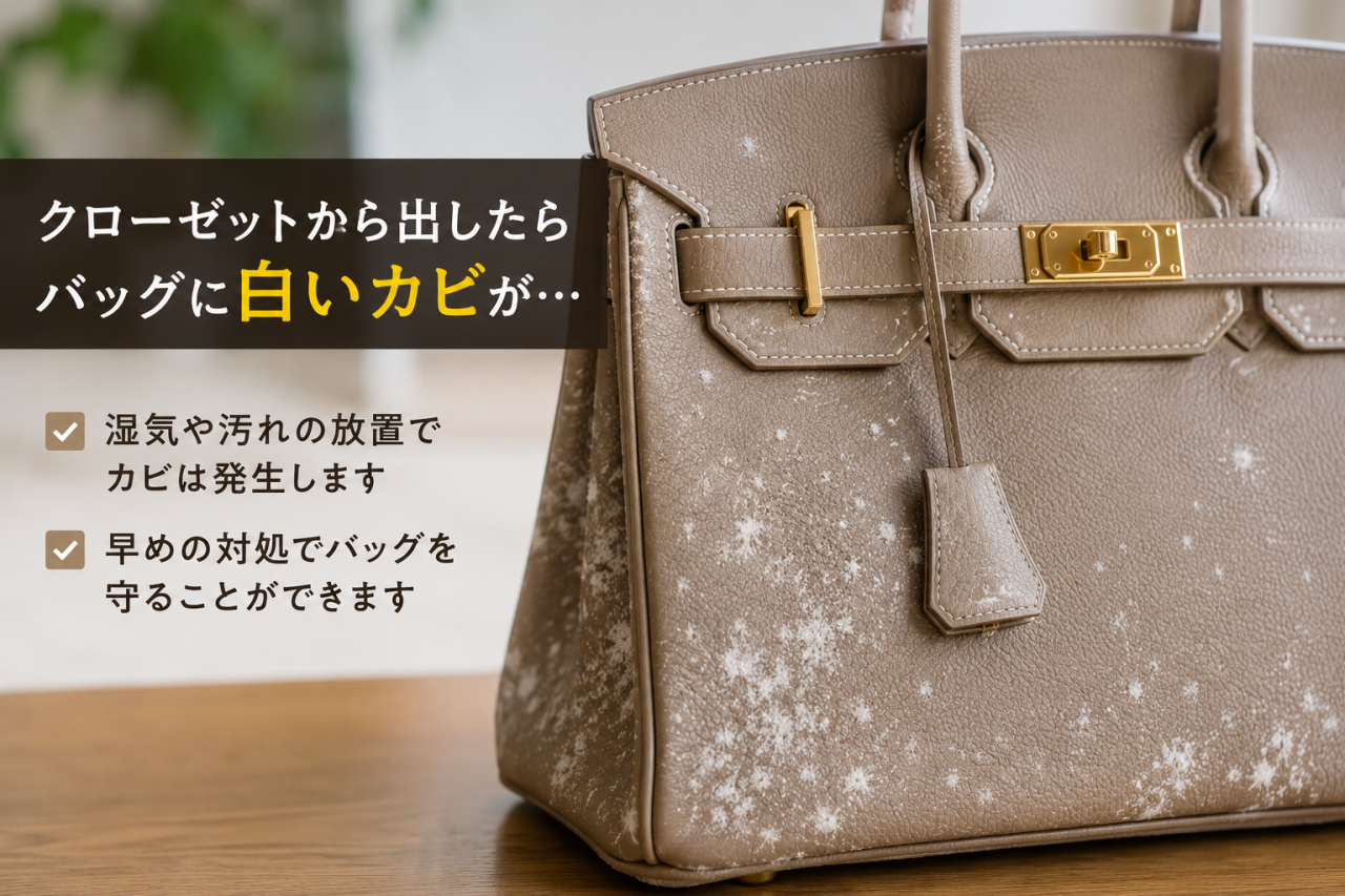 表面に白いカビが発生したブランドバッグ