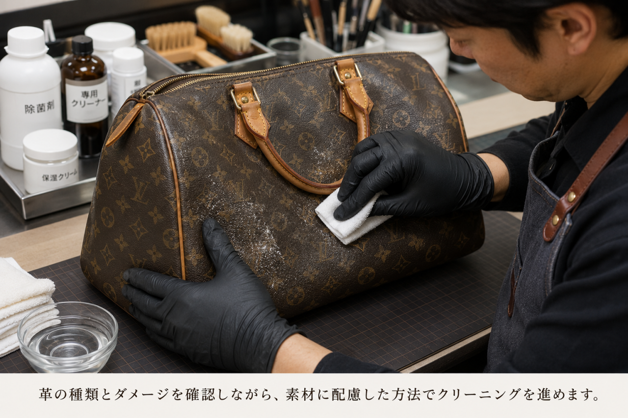 職人がブランドバッグのカビを丁寧にクリーニングしている様子