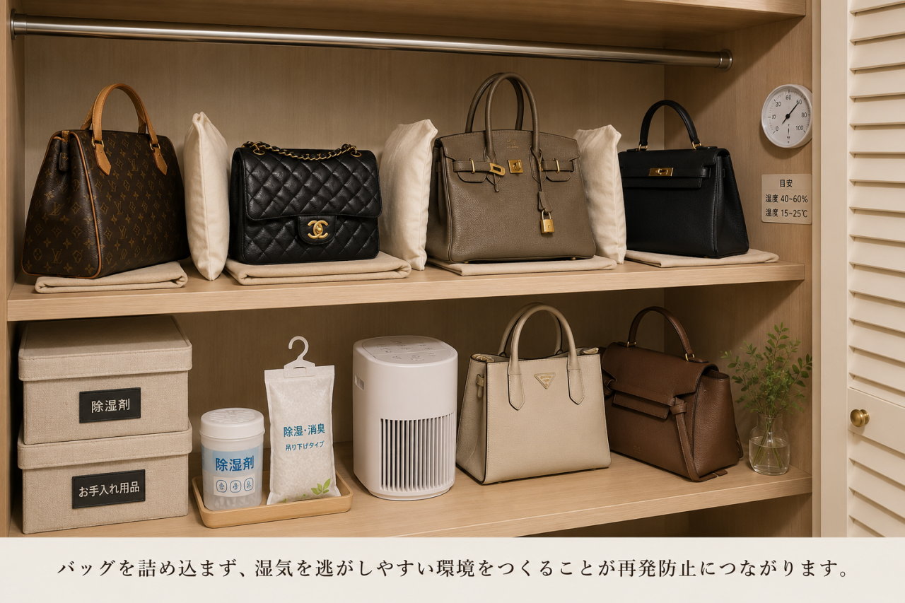ブランドバッグを間隔を空けて通気性よく保管しているクローゼット