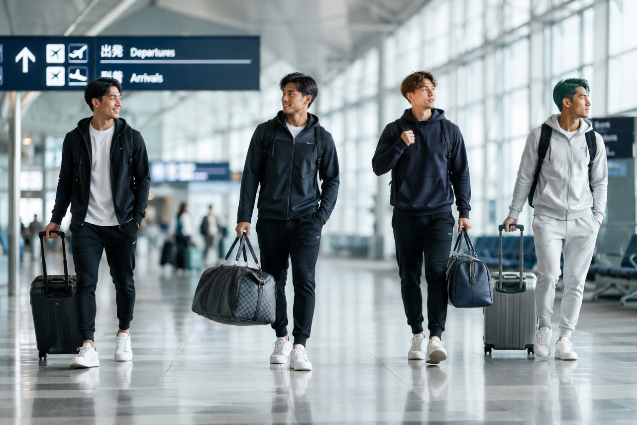 空港を歩くスポーツ選手と高級感のあるブランドバッグのイメージ