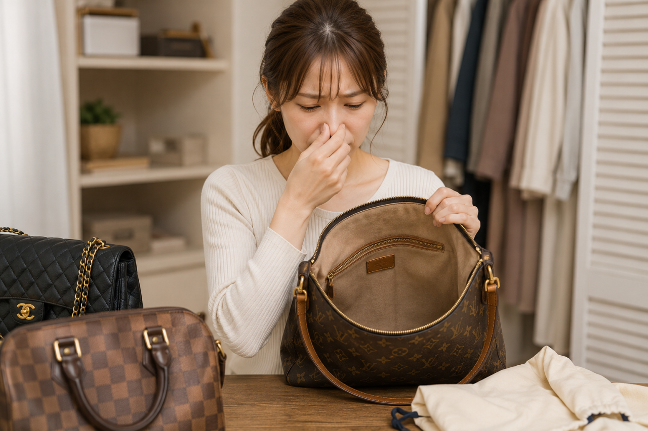 中古ブランドバッグの内側の臭いを確認している女性