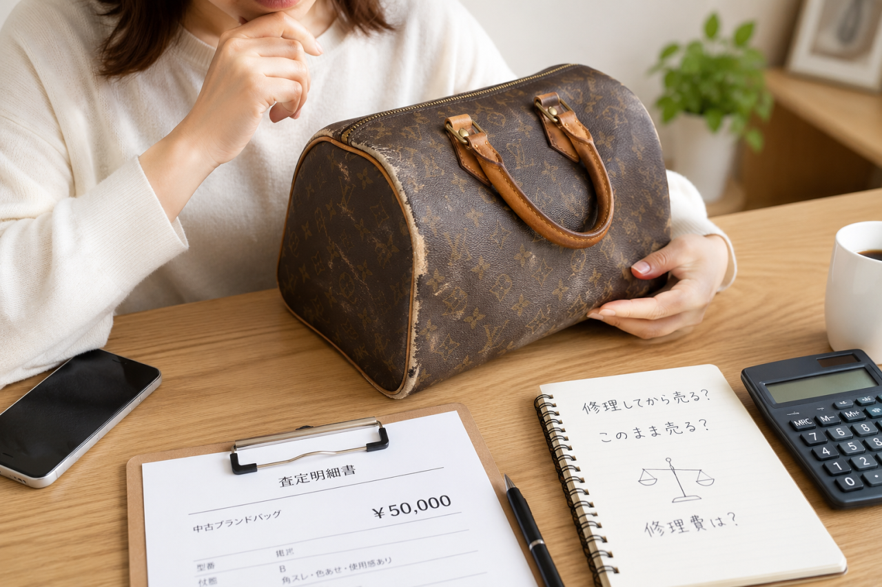 傷んだブランドバッグを修理するか買取査定へ出すか検討している様子