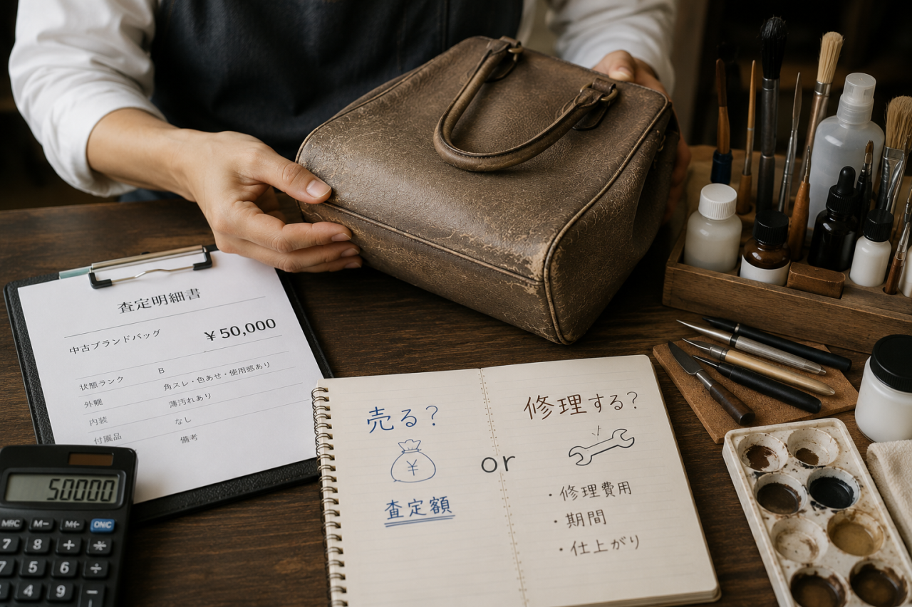 ブランドバッグを売却するか修理するか判断するため状態を確認している様子