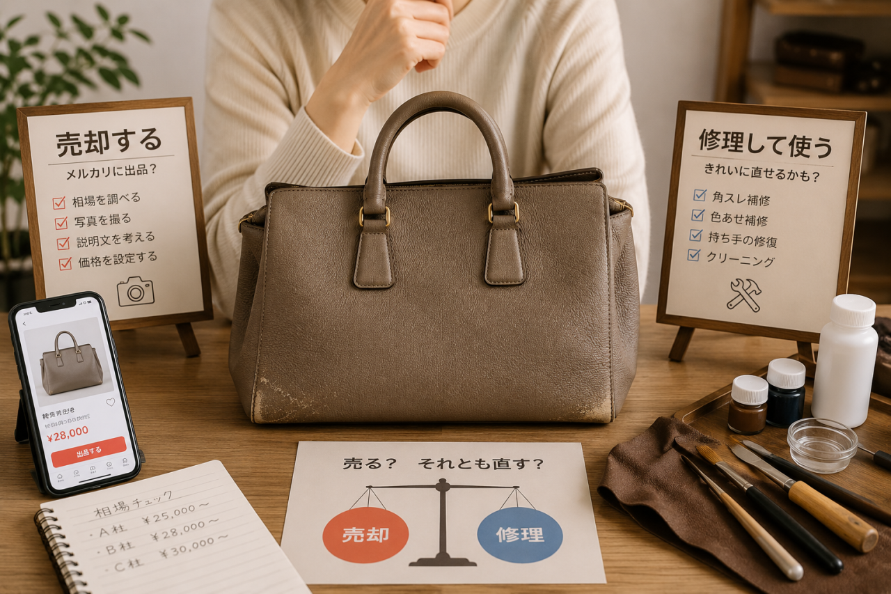 ブランドバッグをメルカリで売るか修理して使うか検討しているイメージ