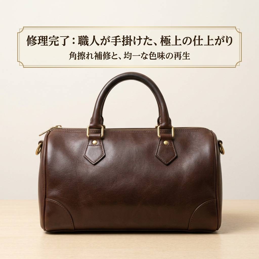 角擦れを補修して色味を整えたブランドバッグの修理後