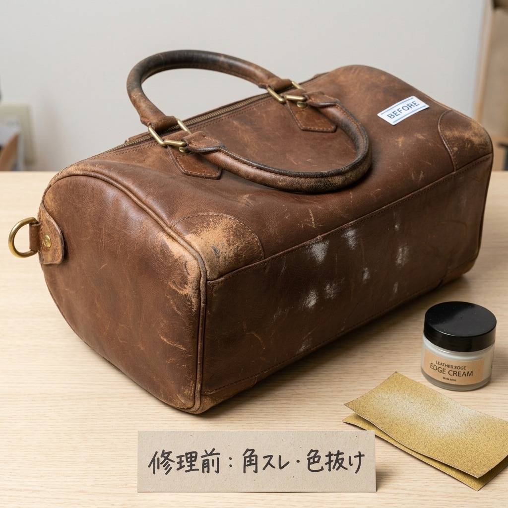 角スレと白い色抜けが目立つブランドバッグの修理前