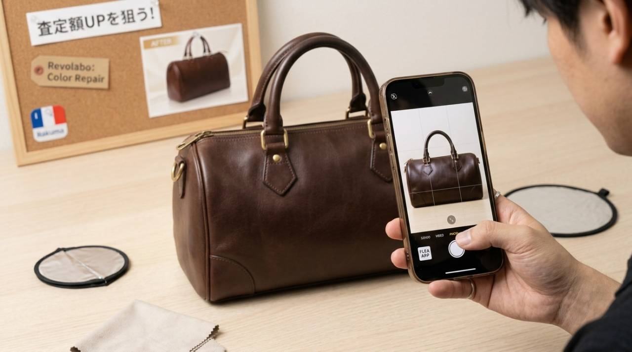 修理後のブランドバッグをフリマ出品用にスマートフォンで撮影している様子