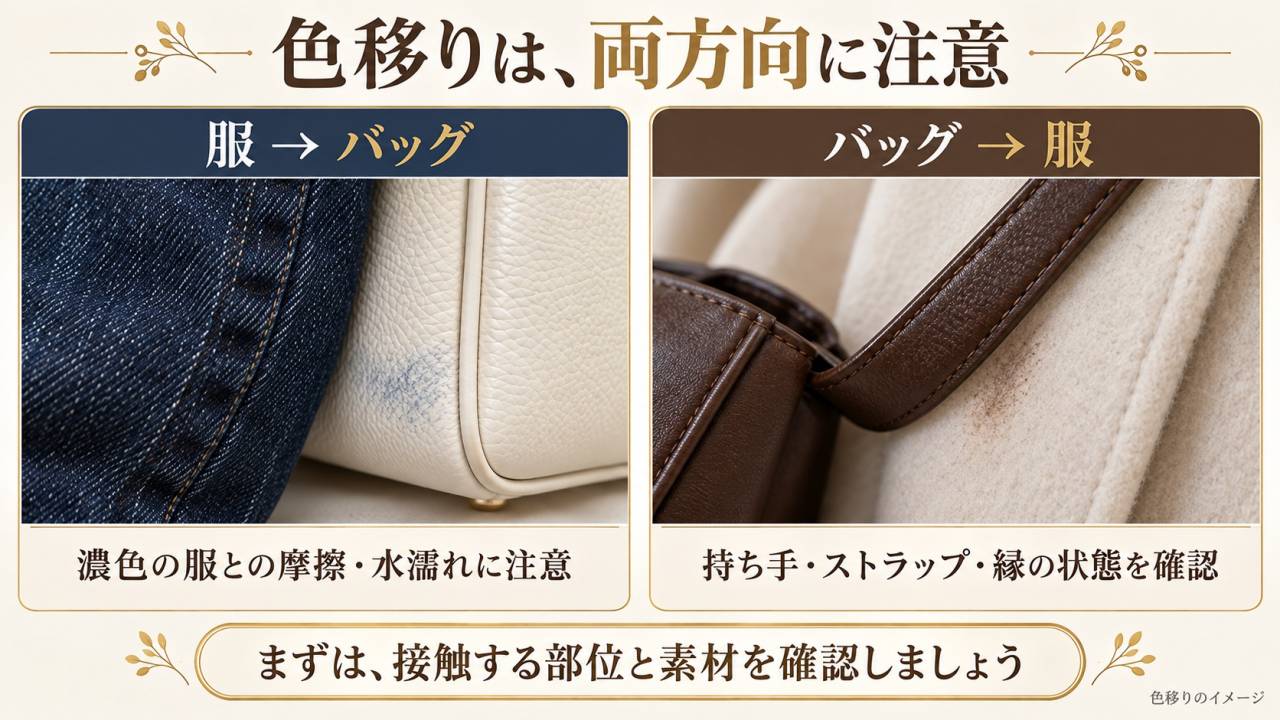 服からバッグとバッグから服の色移りを示すイメージ