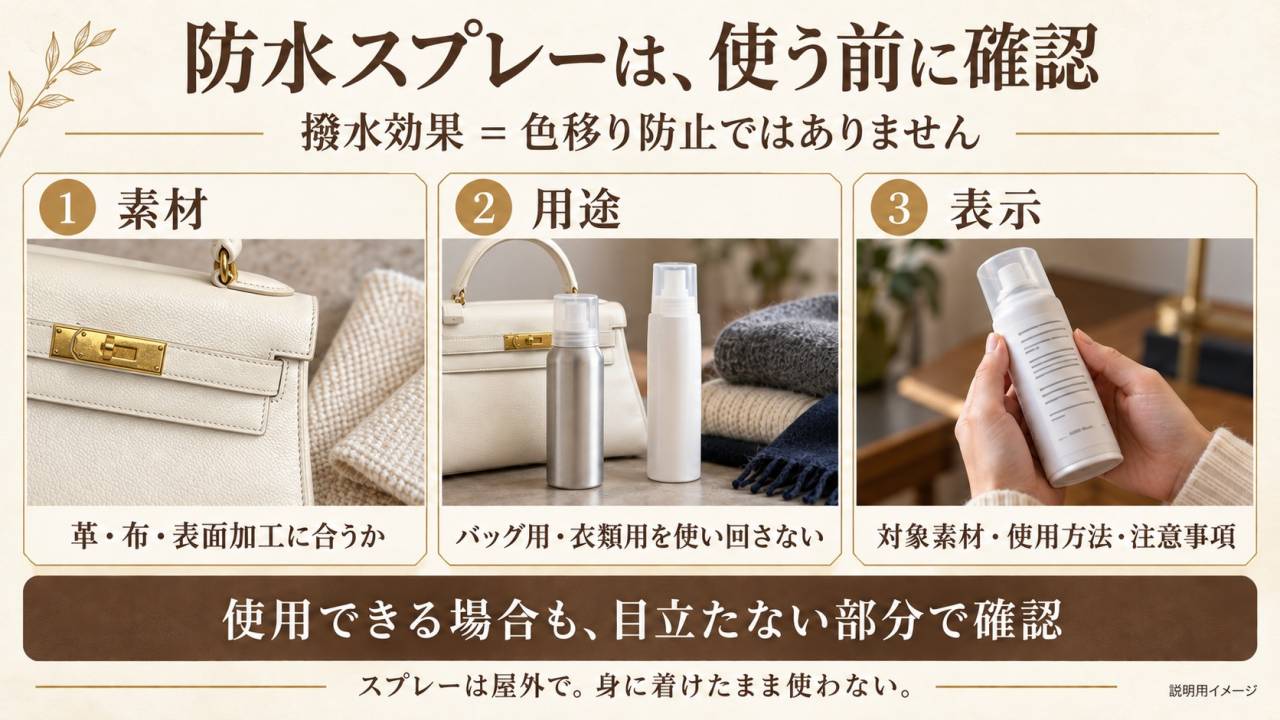 防水スプレーの素材適合と注意表示を確認するイメージ