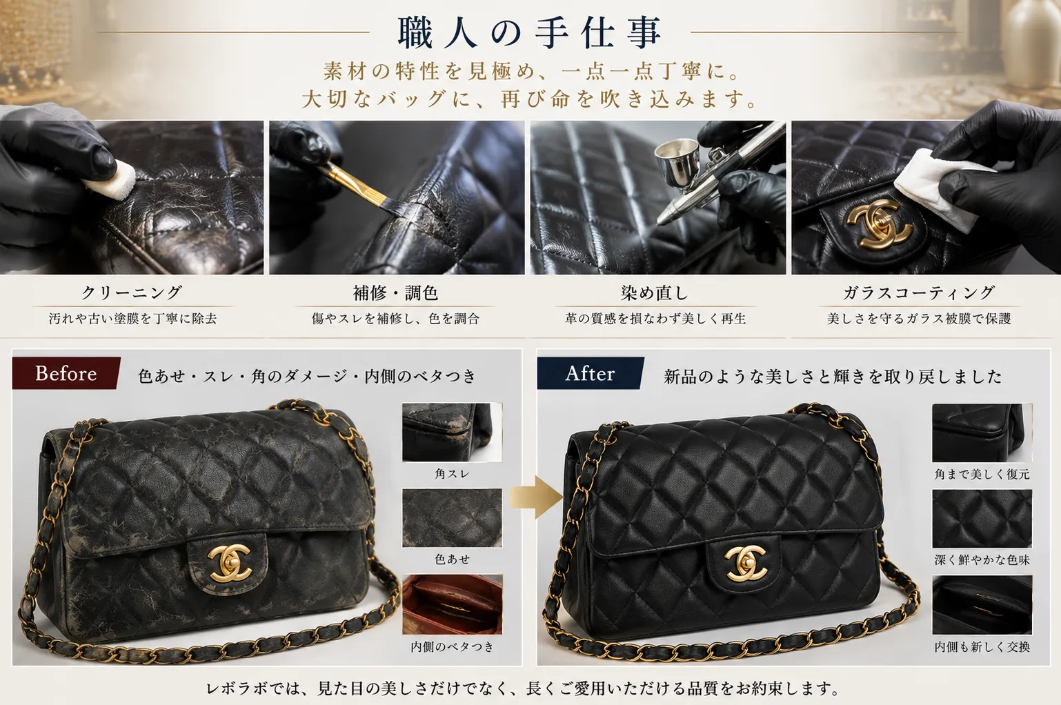 ブランドバッグの修理前後と職人によるリペア作業のイメージ