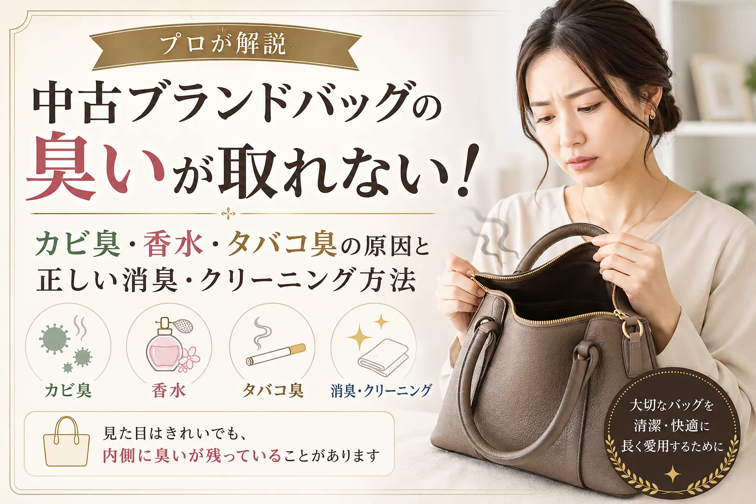 中古ブランドバッグの臭いが取れない!カビ臭・香水・タバコ臭の原因と正しい消臭・クリーニング方法