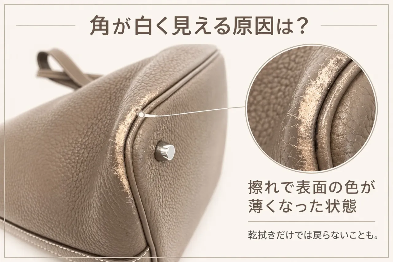 エルメス ピコタン エトゥープの角が白く擦れた修理前状態