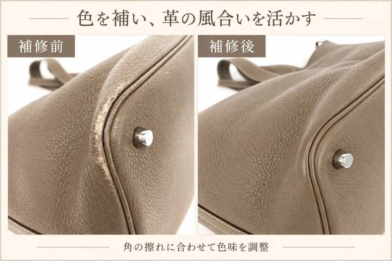 エルメス ピコタンのエトゥープを調色し角の色を整える補修工程