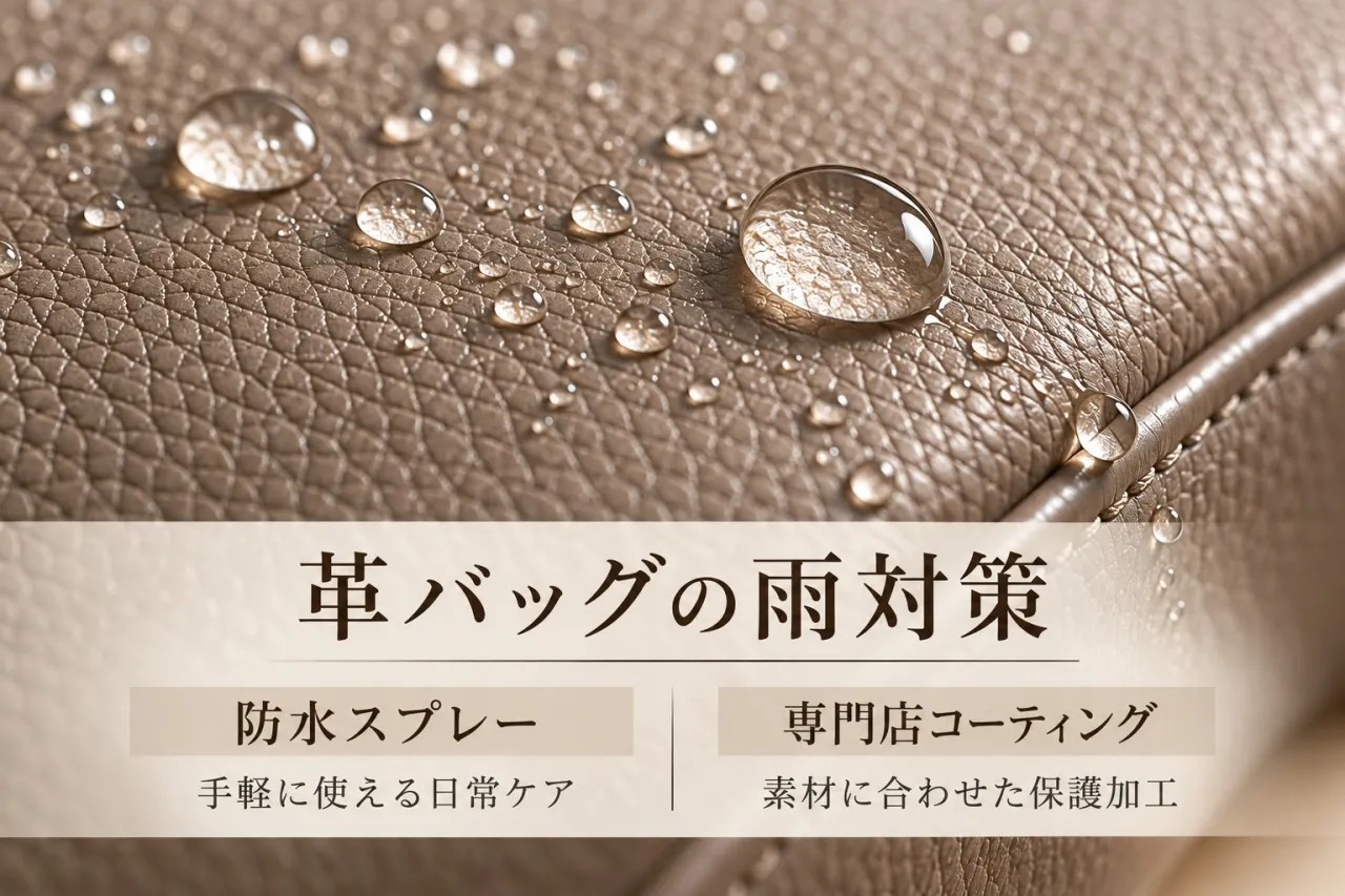 革バッグの雨対策に防水スプレーとコーティングを検討するイメージ